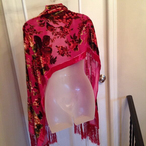 Aris A Silk Velvet Pink Floral Tassel Edge Shawl Wrap Scarf - Picture 7 of 11